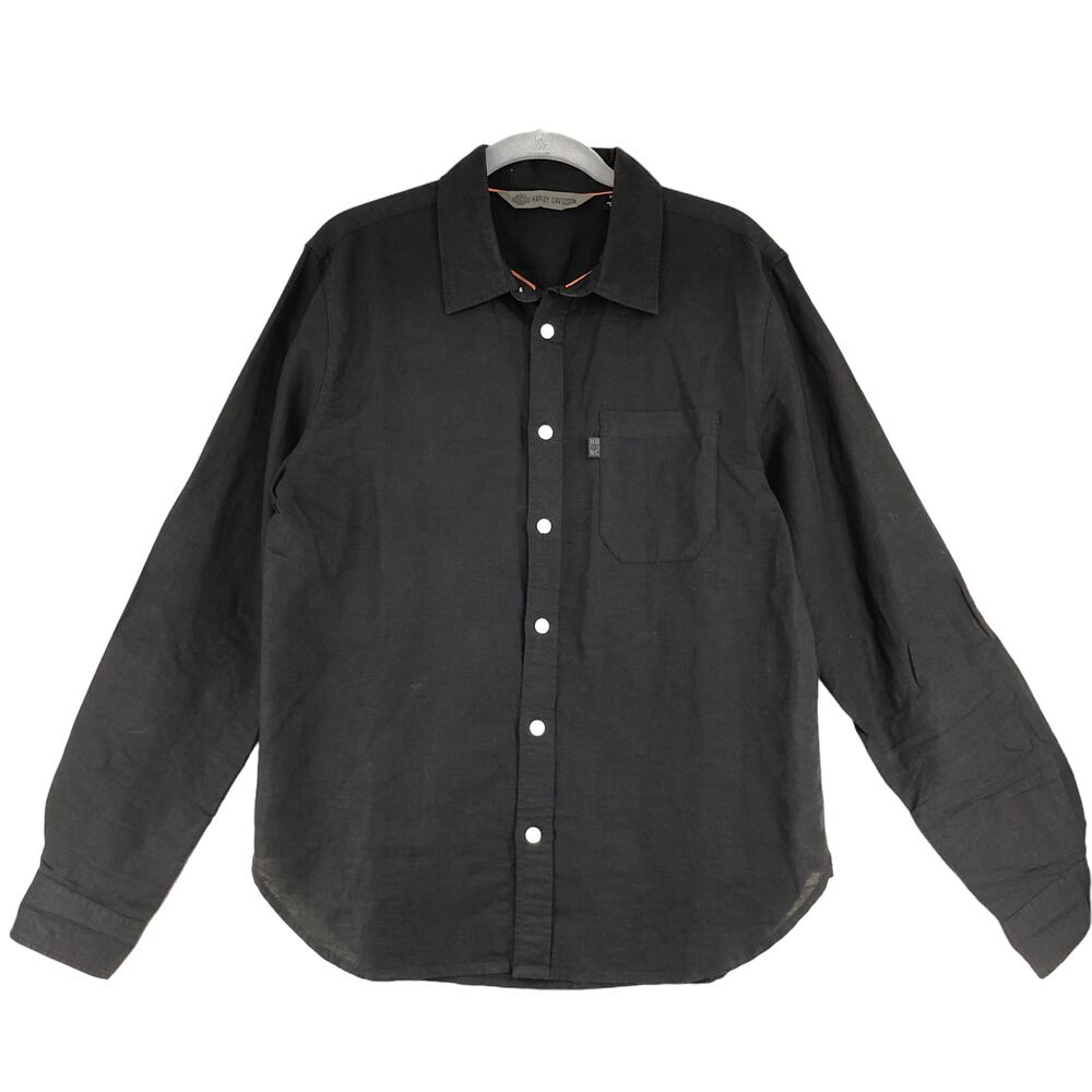 Harley Davidson HD Mens Size M Shirt Button Down Linen Cotton Black Orange Trim